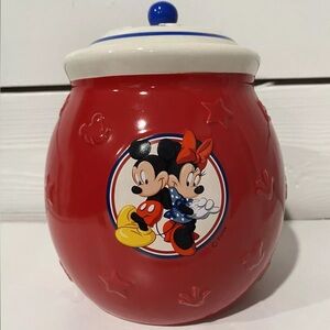Disney Mickey and Minnie Mouse Red White & Blue Ceramic Cookie Jar